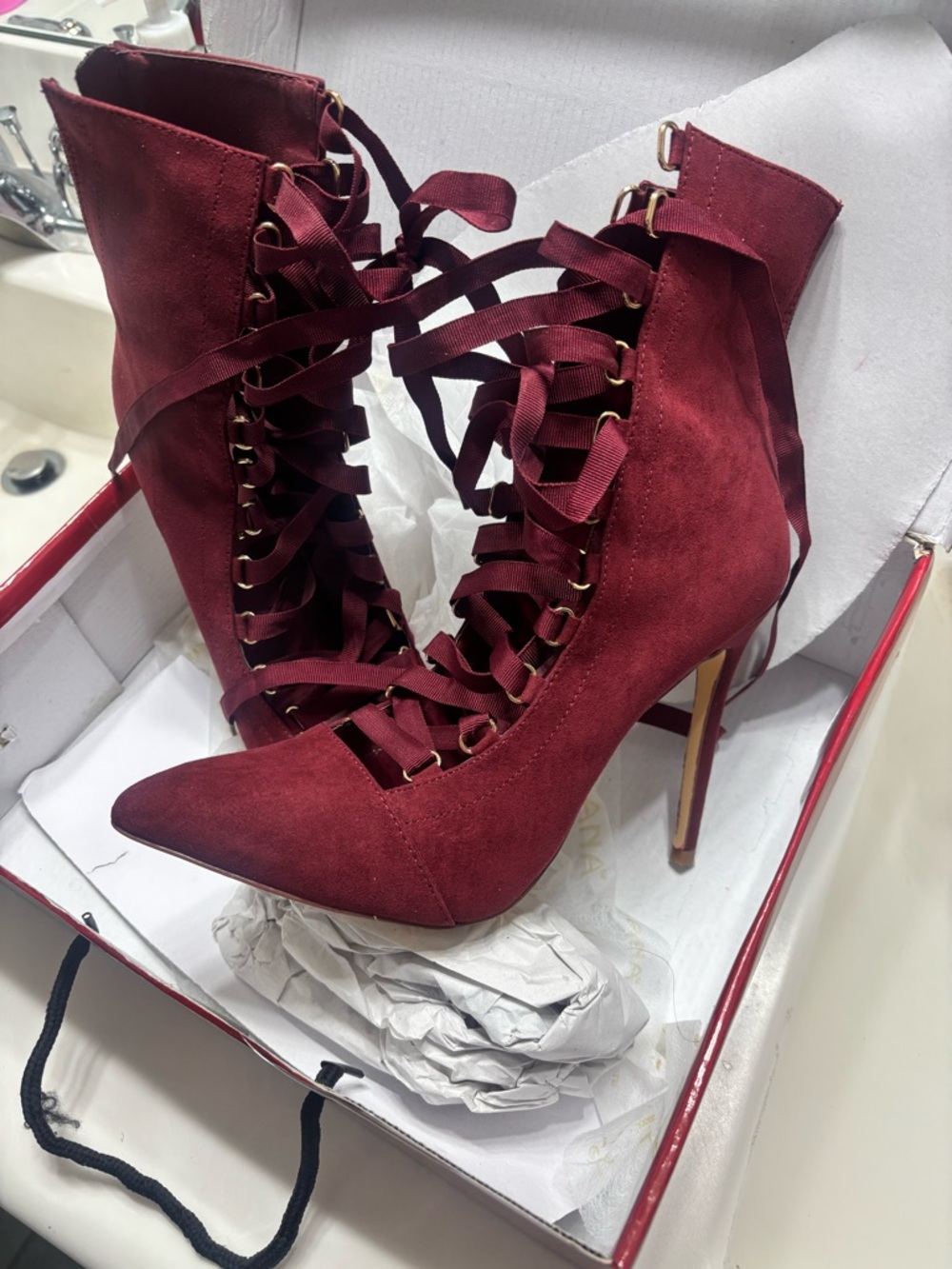 Women's Burgundy Lace-Up Suede Stiletto Booties